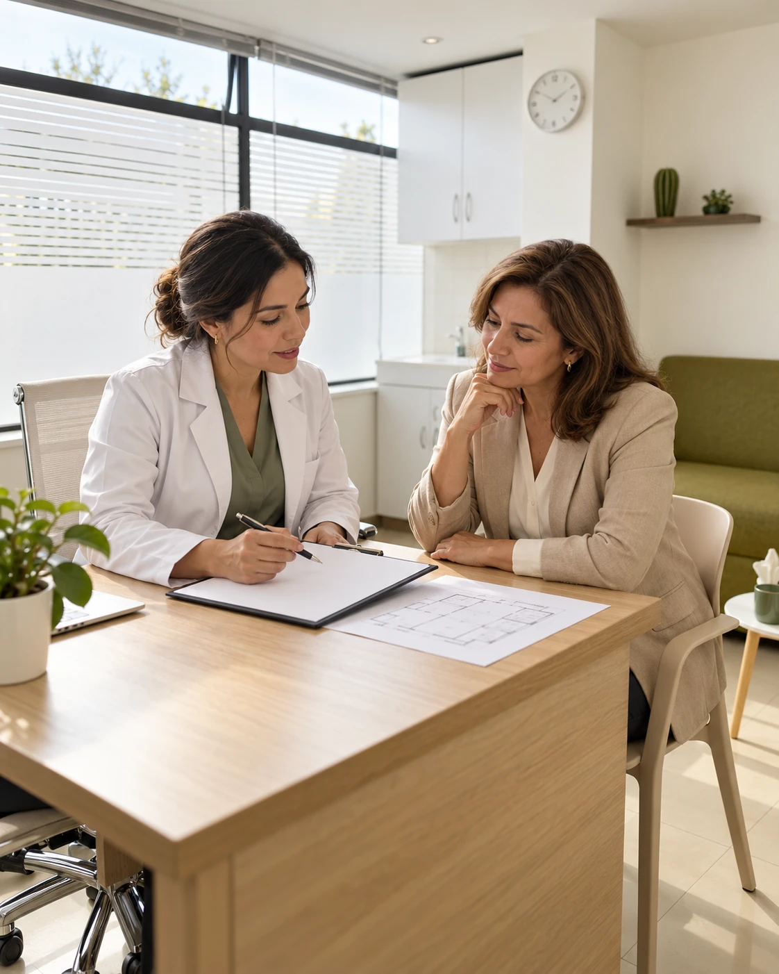 Profesional de salud y asesora revisando documentos para organizar un proyecto de consulta.