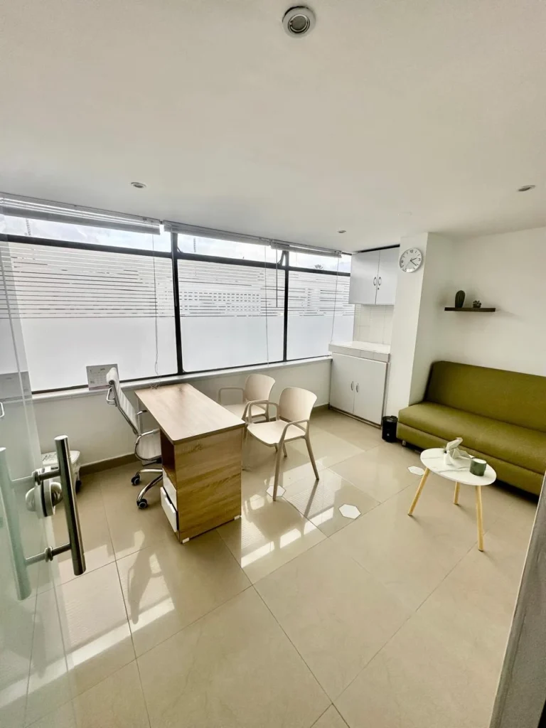 Escritorio y sofá junto a una ventana amplia